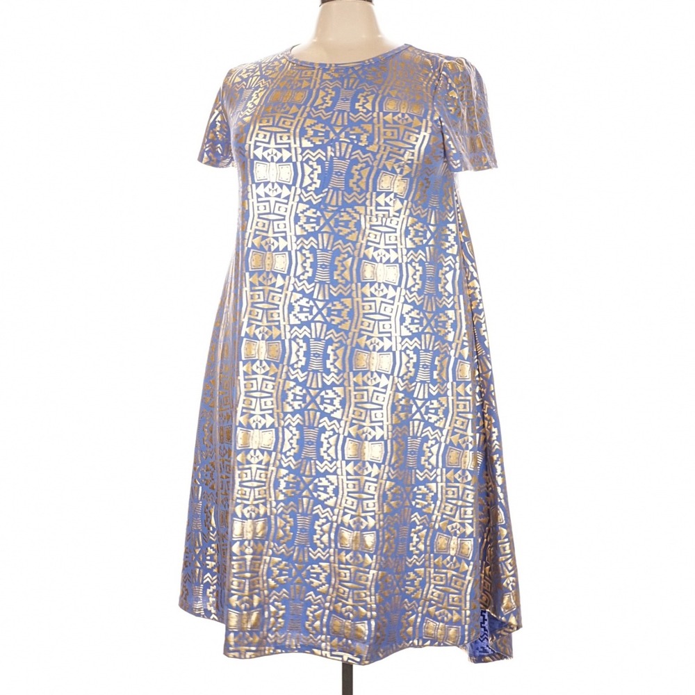 LuLaRoe Carly Womens Dress 3XL Elegant Blue Gold Foil Metallic Tribal High Low